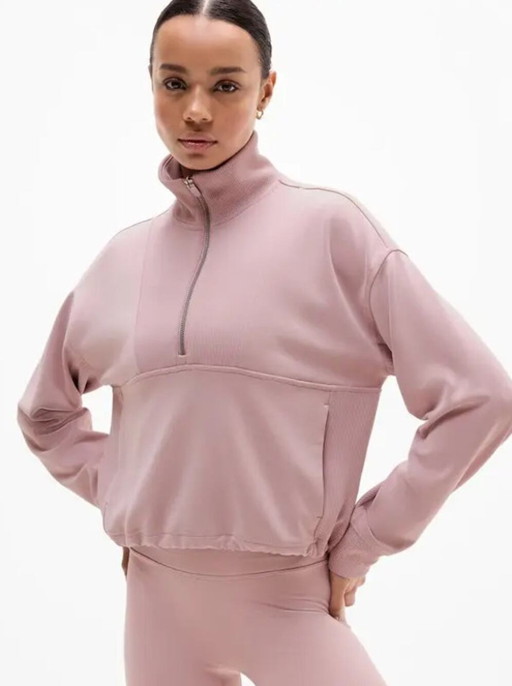 Athleta Seasoft 1/4 Zip Sweatshirt Blush Pink Cropped Funnel Neck Women's M